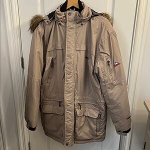 Men's Tan Puffer Jacket with Fur Trim